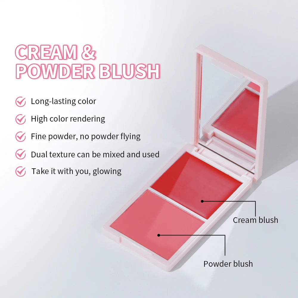 2IN1 Pink Blush Matte Dewy Rosy Blush With Brush Makeup Pan Long Wearing High Pigment Orange Red Cream & Powder Blush Palette
