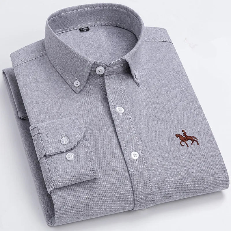 100% Cotton Men's Oxford Shirt Long Sleeve Embroidery Horse Logo Casual Solid Business Regular-Fit Formal Social Blouse Plus 6XL