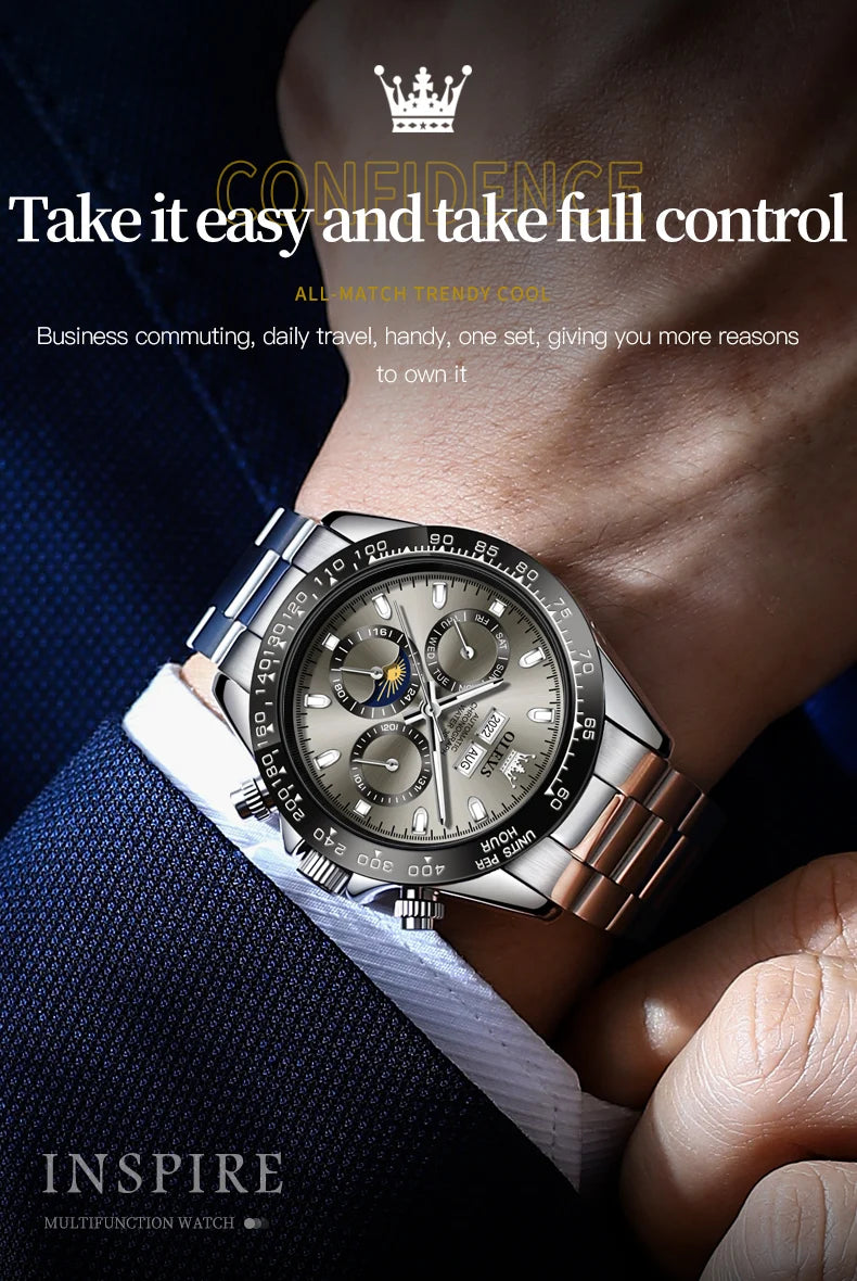OLEVS 6654 Mens Watch Fashion Chronograph Automatic Mechanical Wristwatch Waterproof Luminous Function Top Brand Watch for Man