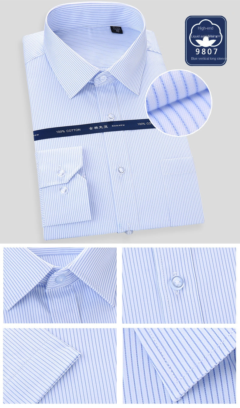 High Quality Free Ironing Men Dress Long Sleeve Shirt 100% Pure Cotton New Solid Male Regular Fit Business Shirt White Blue