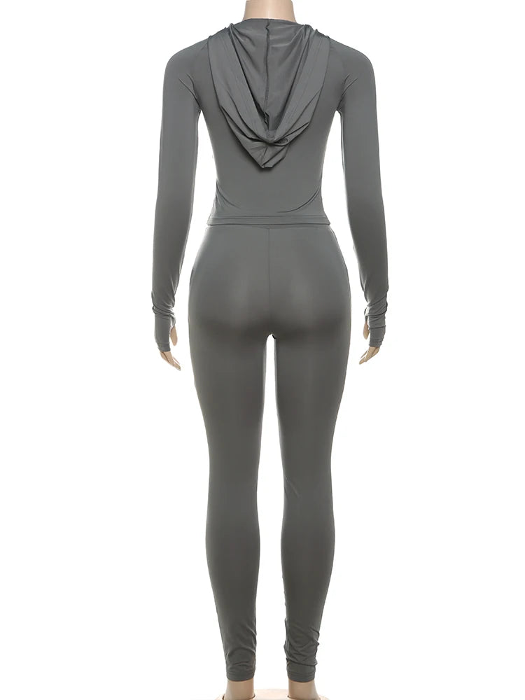 kliou Casual Women 2 Piece Set Classic Tracksuits Solid Long Sleeve Zip-up Hood Tops+Slim Elastic Pants Sporty Concise Outfits