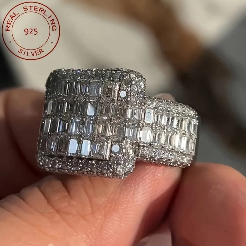 Luxury 925 Sterling Silver Ring Baguette Iced Out Fully Zircon Wedding Band Rings For Men Gift for Him
