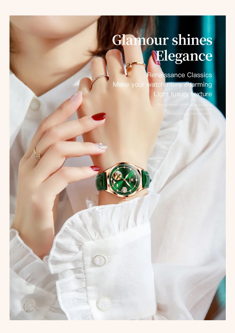 OLEVS Fashion Women Mechanical Watches Bracelets and Necklaces Set Leather Strap Luxury Hollow Ladies WristWatches Reloj Mujer