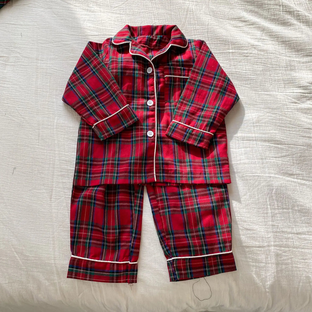 Merry Christmas Kids Pure Cotton Pajamas Set Plaid Print Turn-down Collar Button Shirt Trousers 2 Pieces Suit Homewear Xmas Look