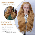 Body Wave 13x6 Honey Blonde Lace Frontal Wig Brazilian #27 Blonde Colored Human Hair Wigs For Women Pre Plucked 13X6 HD Lace Wig