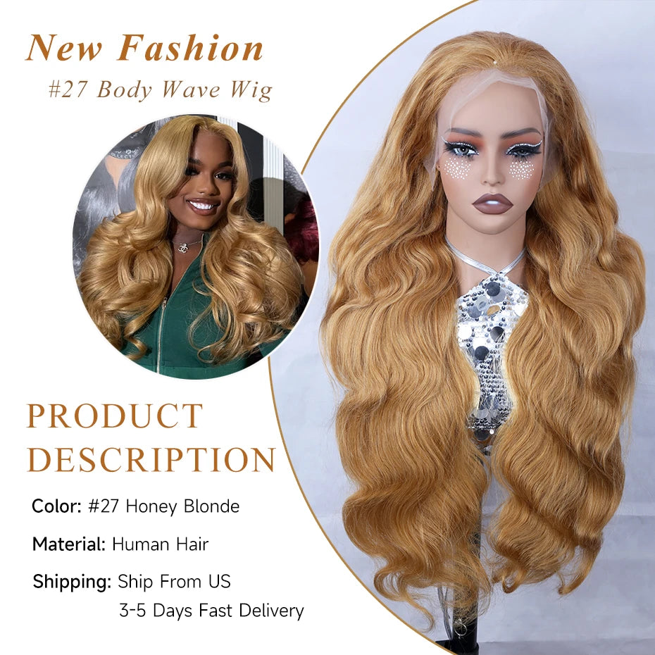 Body Wave 13x6 Honey Blonde Lace Frontal Wig Brazilian #27 Blonde Colored Human Hair Wigs For Women Pre Plucked 13X6 HD Lace Wig