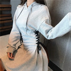 Streetwear Mini Dress Spring Autumn Korean High Waist Lace Up Slim Vestidos Women Harajuku Hooded Bandage A Line Dresses