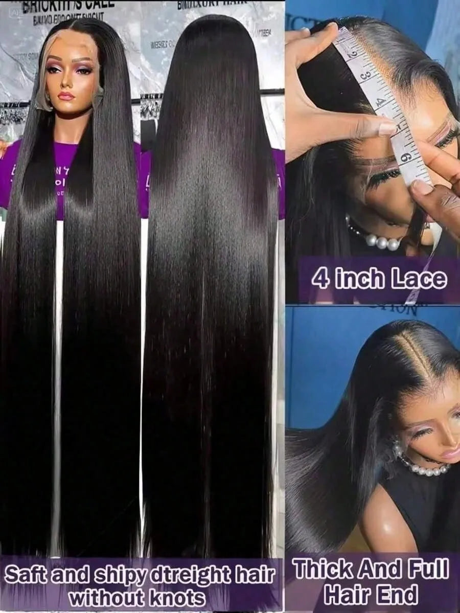 Virgin Straight Human Hair Lace Front Wigs 38 40 Inch 13x4 HD Transparent Lace 250 Density Pre Plucked Natural Color Straight Wigs For Black Women