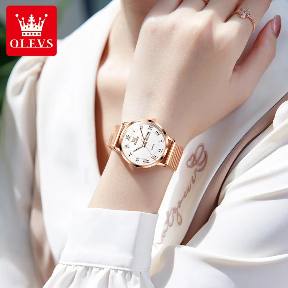 OLEVS 2920 Women's Watch Fashion Original Date Week Display Mesh Strap Roman Dial Luminous Ladies Quartz Wristwatch