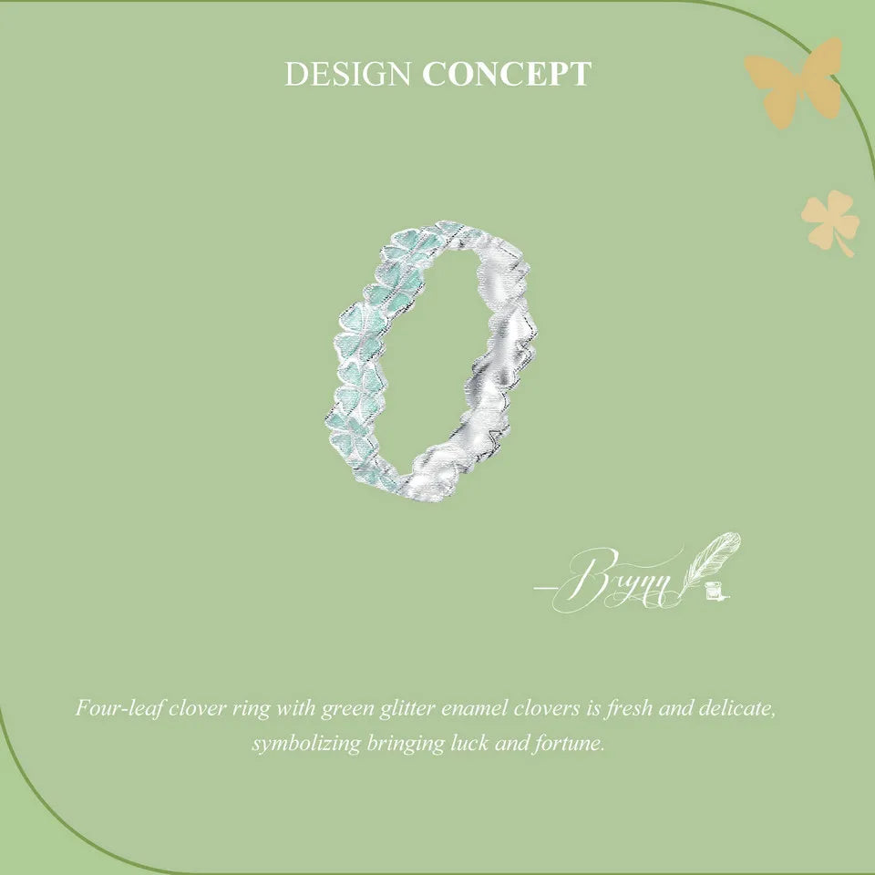 Bamoer 925 Sterling Silver Four-Leaf Clover Ring Mint Green Leaves Vine Ring Fine Jewelry Gift for Women Party