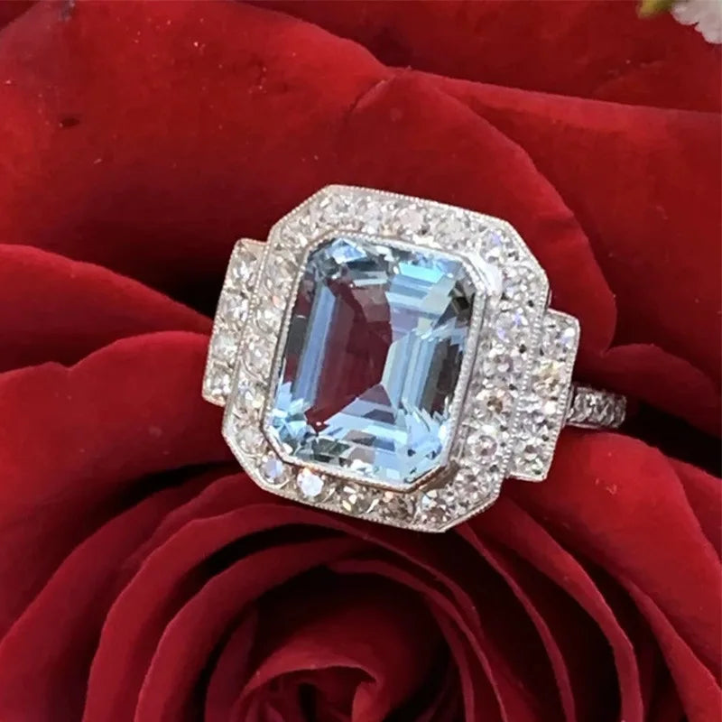 Luxury Female Rings 925 Sterling Silver Square Sea Blue Zircon Rings for Women Men Love Anniversary Jewelry Girlfriend Gift