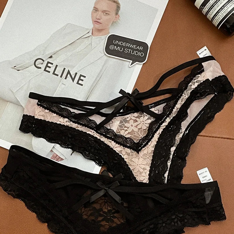 SP&CITY Flower Embroidery Sexy Thong Spicy Girl Lace Transparent Women’s Underpants Thin Summer Hollow Out Panties Bow Briefs