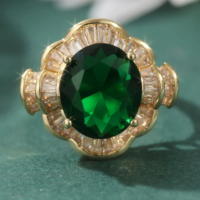 Vintage Temperament Inlaid Oval Synthetic Emerald Golden Rings for Women's Fashion Classic Banquet Festival Jewelry Accessories