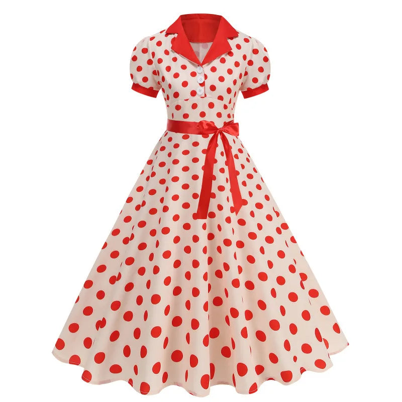 Polka Dot 50s 60s Vintage Dress Women Elegant Belted Robe Women Retro Rockabilly Prom Wedding Party Princess Dress