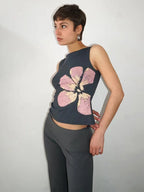 Women's Flower Print Crop Tank Top Fitted Boat Neck Sleeveless Summer Top for Party Club 2025 New Fashion