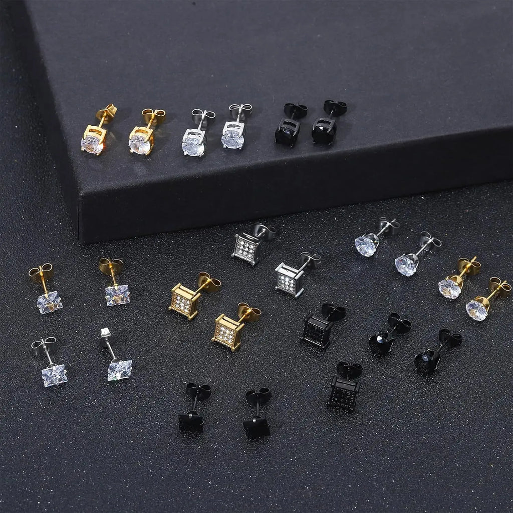 12 Pairs Stainless Steel Stud Earrings for Men Hypoallergenic Earring Unisex Studs Inlaid Cubic Zirconia Men Earrings Hoop