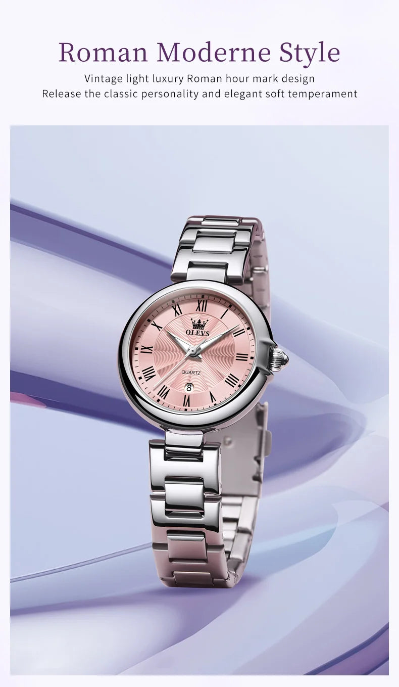 OLEVS 5608 Retro Style Quartz Watch for Women Elegant Steel Strap Auto Date Waterproof Luminous Luxury Ladies Wristwatch