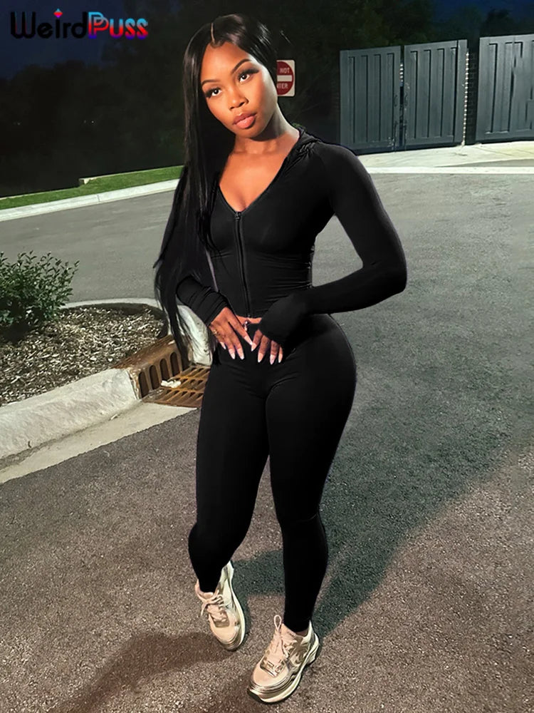 Weird Puss Sporty Casual 2 Piece Set Women Tracksuit Hooded Zip Crop Tops+Leggings Fitness Soft Stretch Streetwear Activity Suit