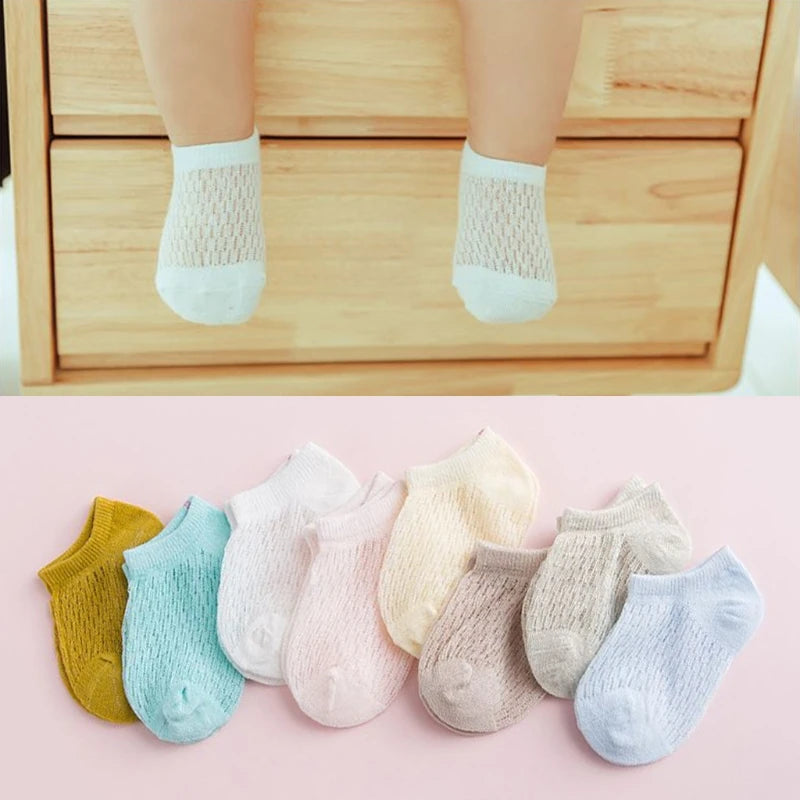 1Pair Summer Baby Short Ankle Socks Mesh Thin Cotton Unisex Solid Color Hollow Toddler Random Color