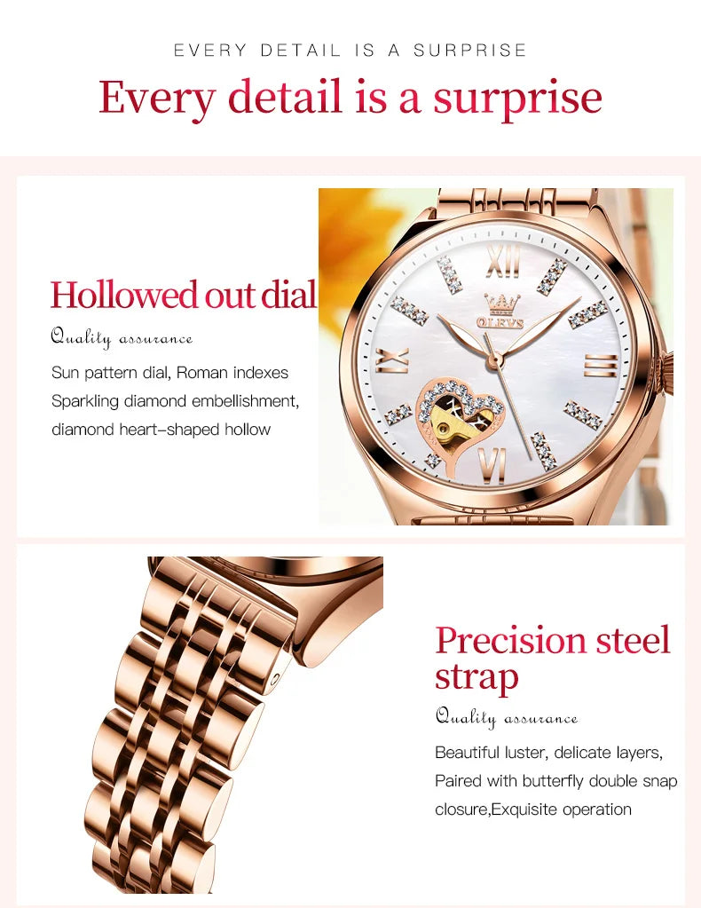 OLEVS Brand 2024 New Fashion Hollow Mechanical Watch for Women Luxury Stainless Steel Strap Waterproof Luminous Womens Watches
