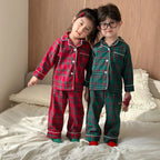 Merry Christmas Kids Pure Cotton Pajamas Set Plaid Print Turn-down Collar Button Shirt Trousers 2 Pieces Suit Homewear Xmas Look
