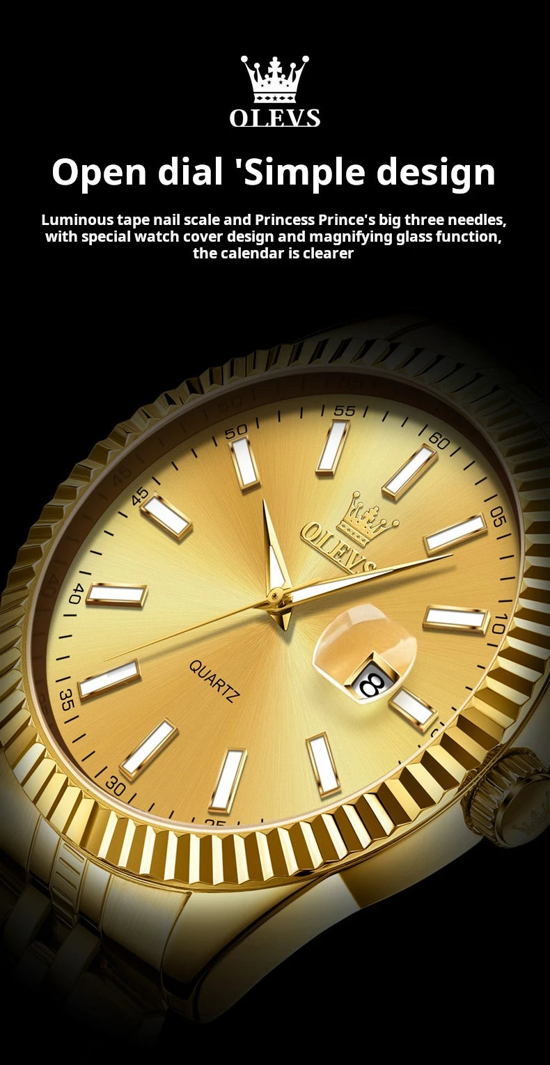 OLEVS Brand Luxury Gold Quartz Watch for Men Stainless Steel Waterproof Luminous Calendar Fashion Mens Watches Relogio Masculino