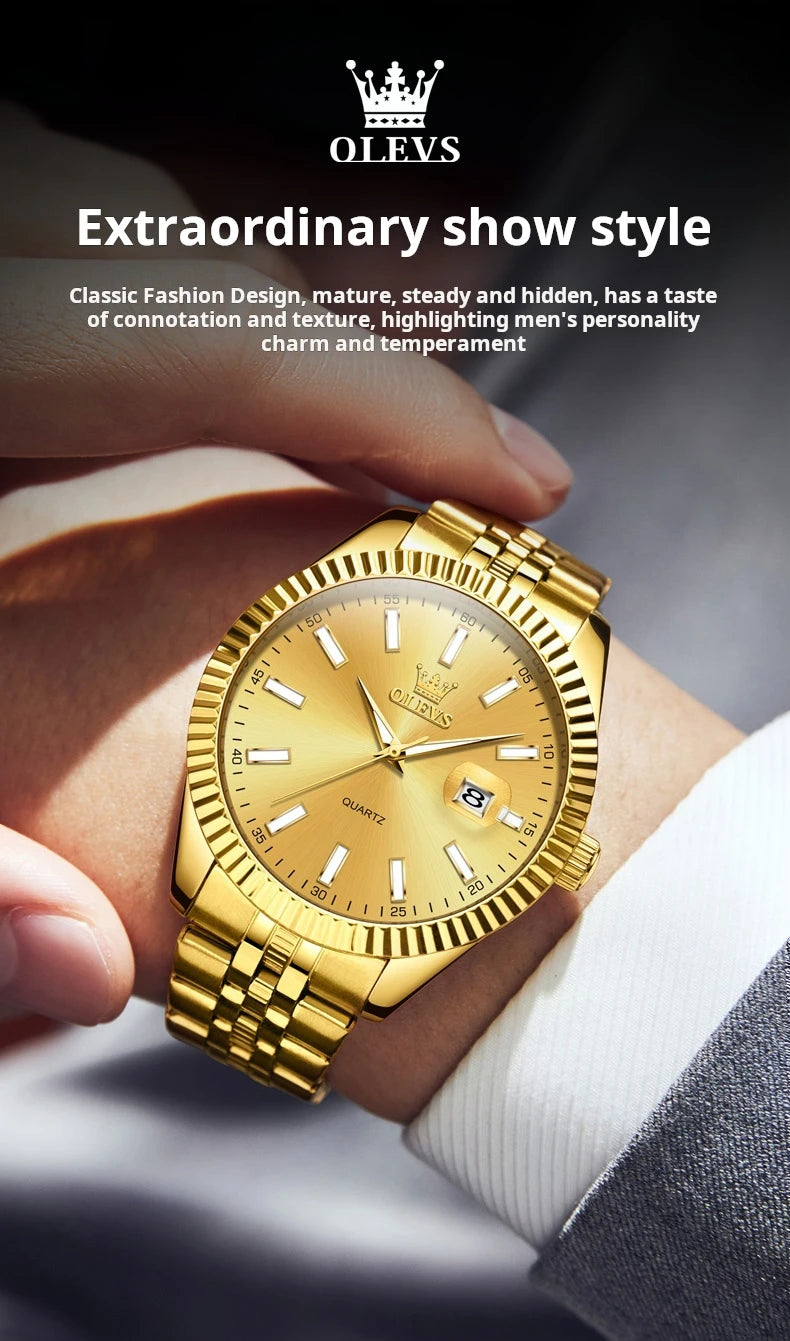 OLEVS Brand Luxury Gold Quartz Watch for Men Stainless Steel Waterproof Luminous Calendar Fashion Mens Watches Relogio Masculino