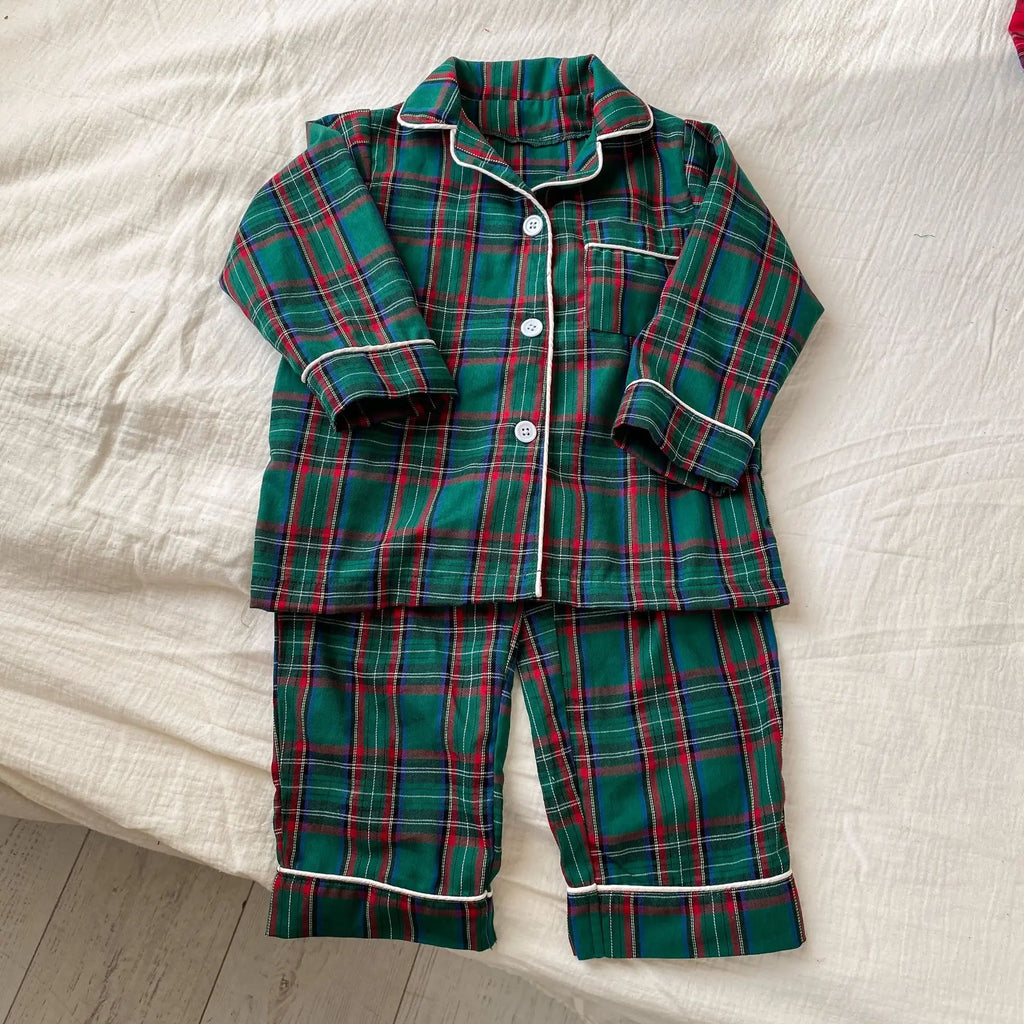 Merry Christmas Kids Pure Cotton Pajamas Set Plaid Print Turn-down Collar Button Shirt Trousers 2 Pieces Suit Homewear Xmas Look