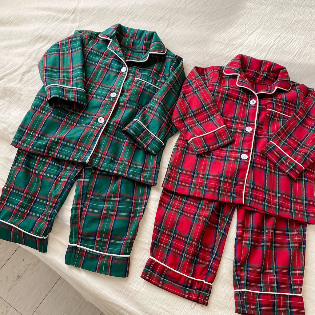 Merry Christmas Kids Pure Cotton Pajamas Set Plaid Print Turn-down Collar Button Shirt Trousers 2 Pieces Suit Homewear Xmas Look