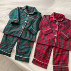 Merry Christmas Kids Pure Cotton Pajamas Set Plaid Print Turn-down Collar Button Shirt Trousers 2 Pieces Suit Homewear Xmas Look