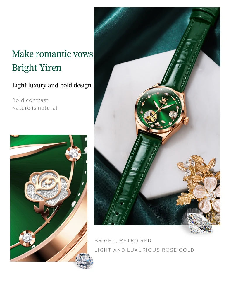 OLEVS 6601 Green Leather Strap Women Watch Automatic Mechanical Movement Waterproof Diamond Fashion Watch