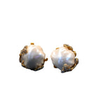 Brass Inlaid Baroque Pearl Flower Bud Stud Ring Set