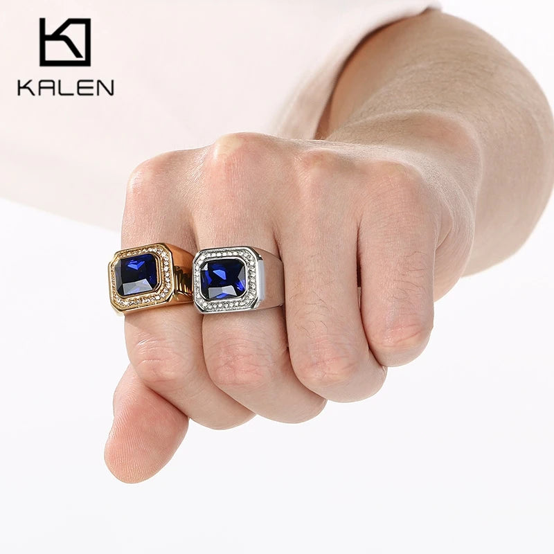 KALEN Trendy Stainless Steel Larger Men's Finger Ring Square Cut  Zircon Stone Cocktail Rings Hip Hop Business Fashion Jewelry
