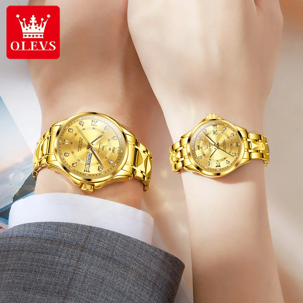 OLEVS 2906 Couple Watch Pair Luxury Diamond Shaped Steel Strap Calendar Week Quartz Wristwatch Men Women Luxury Lovers Watches