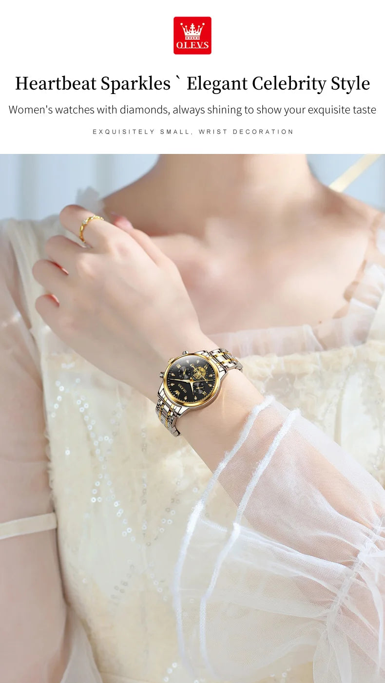 OLEVS Brand 2025 New Luxury Tourbillon Couple Quartz Watch Stainless Steel Waterproof Luminous Fashion Moon Phase Watches Lovers
