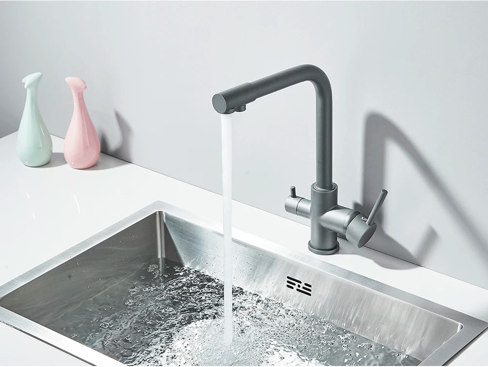 Chrome Purified Water Kitchen Faucet Pure Water Filter Deck Mounted Faucet Crane Dual Handles Hot Cold Water Mixer Taps