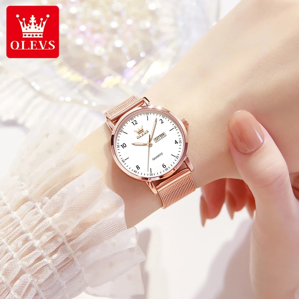 OLEVS Brand Original Fashion Slim Quartz Watch Women Elegant Watches Stainless Steel Waterproof Week Date Watches For Woman
