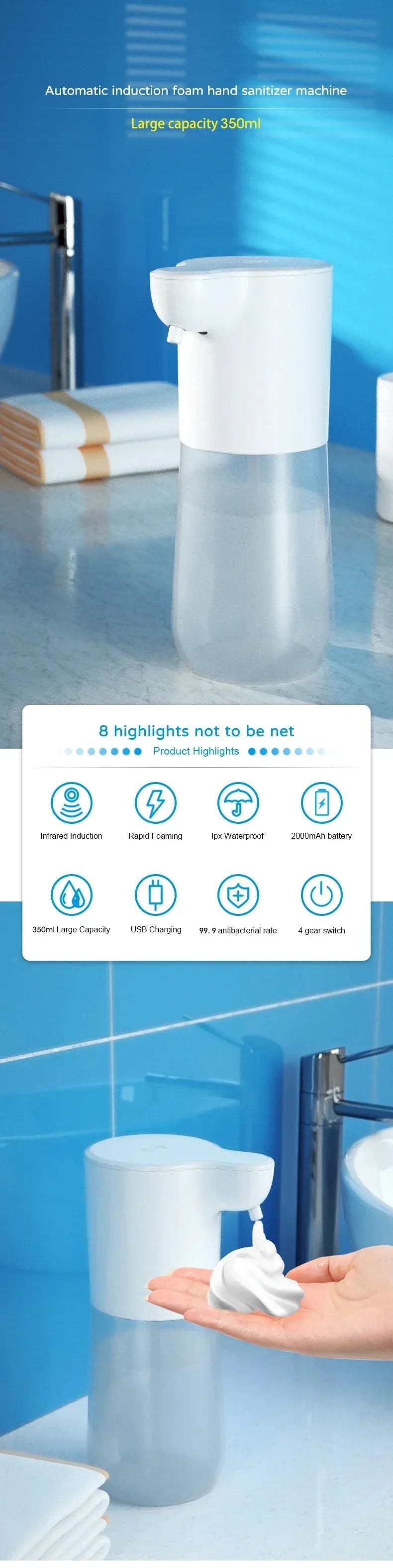 Automatic Touchless Soap Dispenser Foam Liquid Infrared Sensor Type-C Rechargeable Smart for Home Kitchen Bathroom Commercial