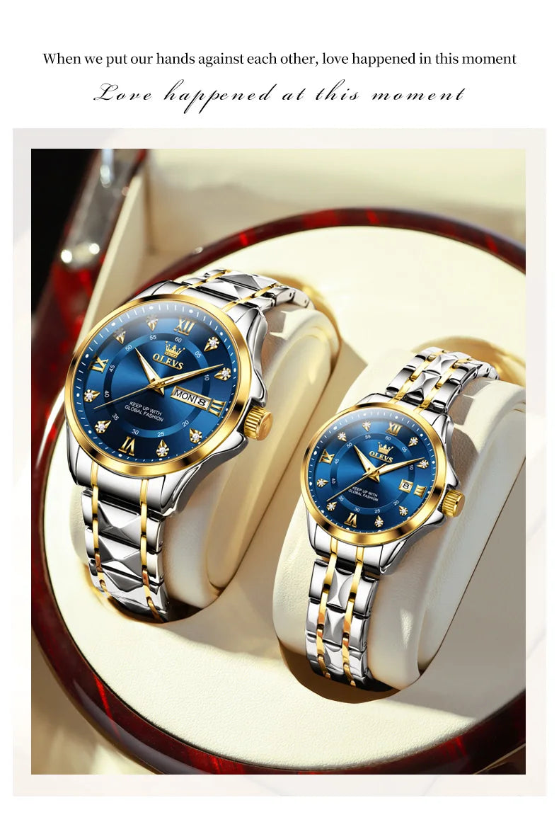 OLEVS 2906 Couple Watch Pair Luxury Diamond Shaped Steel Strap Calendar Week Quartz Wristwatch Men Women Luxury Lovers Watches