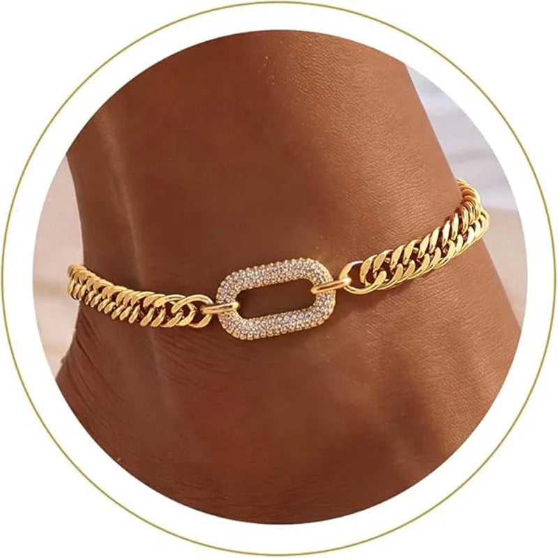 Cuban Link Chain Shiny CZ Anklets Bracelets for Women Waterproof 14K Gold Plated Non Tarnish Adjustable  Ankle Beach Jewelry