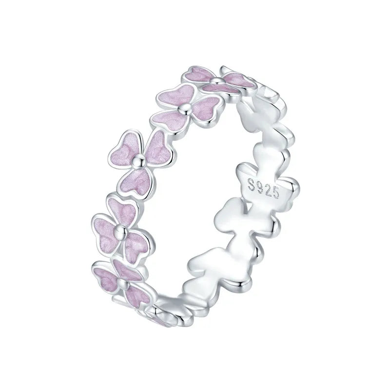 BAMOER 925 Sterling Silver Purple Flower Finger Ring Enamel Wreath Ring for Women Girls Birthday Gift Party Jewelry