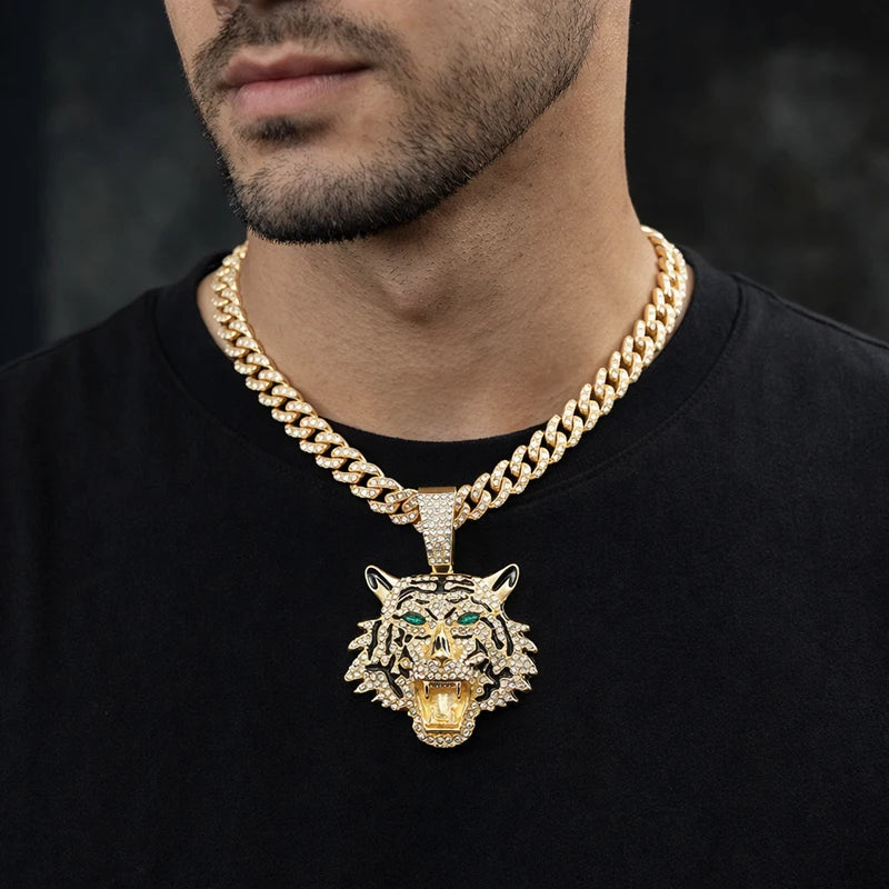 Hip Hop Big 3D Tiger Pendant Necklace Crystal Cuban Chain HipHop Iced Out Bling Necklaces Men Women Fashion Charm Jewelry