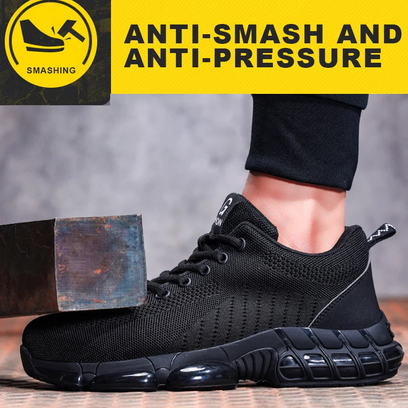 Safety Shoes Men Steel Toe Boots Anti-smash Anti-puncture Safety Work Shoes Men Lightweight Breathable Protective Shoes Black