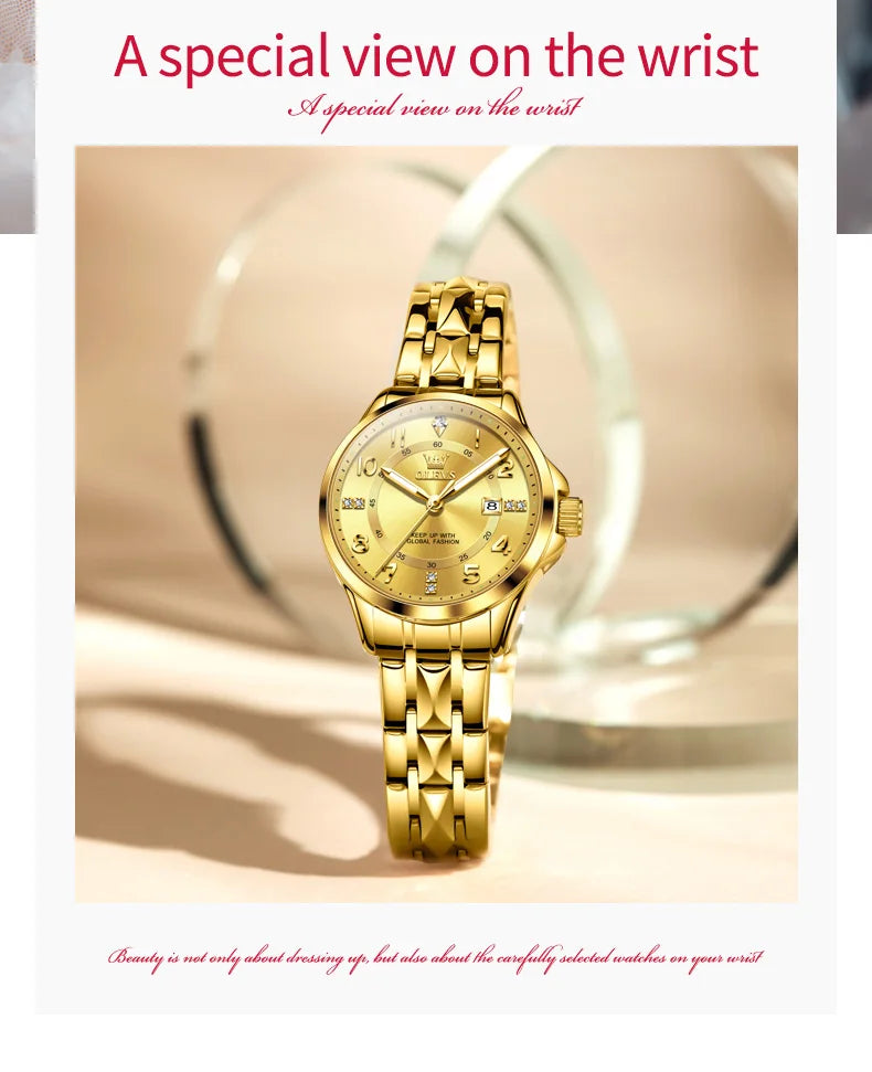OLEVS 2910 Gold Luxury Brand Women's Watches Waterproof Luminous Wristwatch Date Original Certified Brand Quartz Watch for Lady