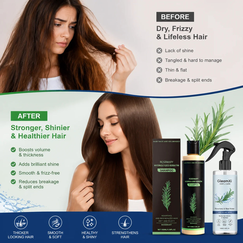 Rosemary Shampoo Set Hair Care Spray Herbal Shampoo with Hydrolyzed Keratin Plant Extract Hair Care Refreshing Hair Daily Use