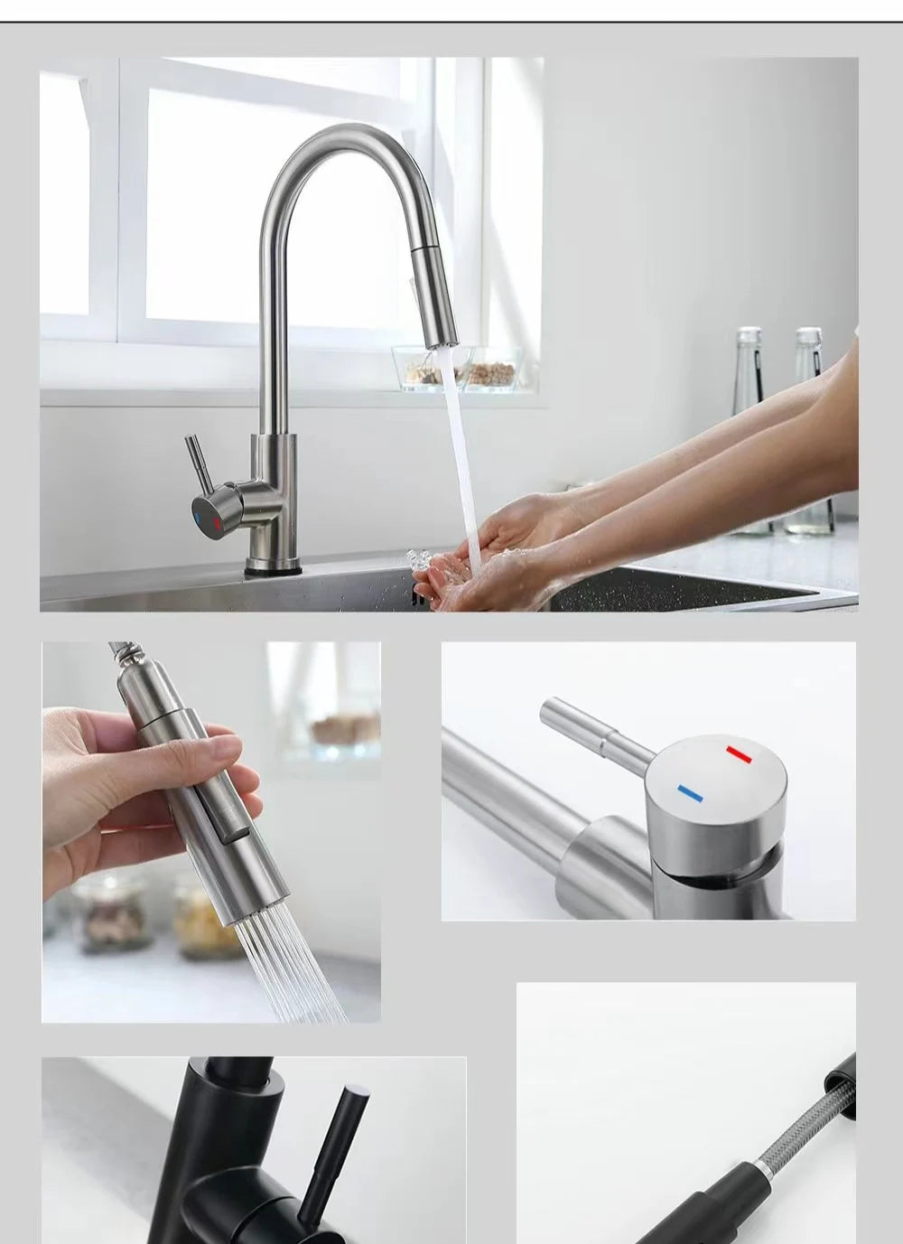 Stainless Steel Kitchen Faucet Single Hole Pull Out Spray 360° Swivel Sink Faucet High Arc Modern Design