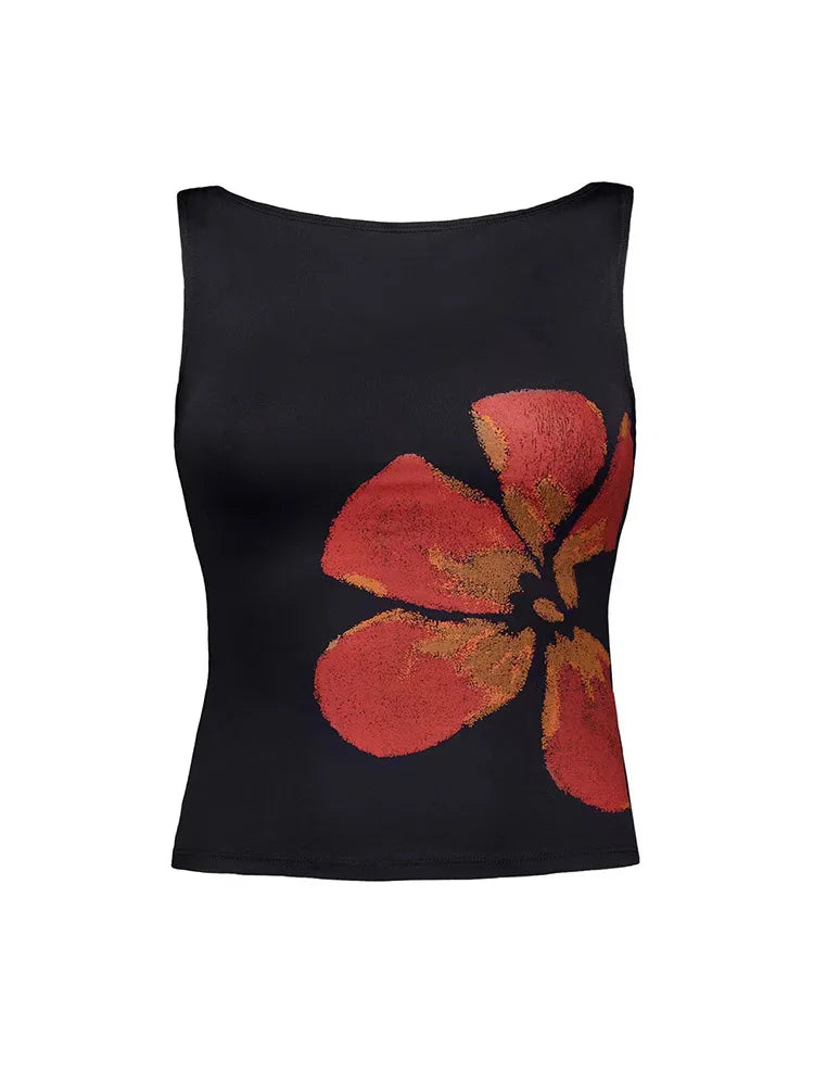 2025 New Fashion Women's Crop Tank Tops Fitted Flower Print Boat Neck Sleeveless Summer Tops for Party Club