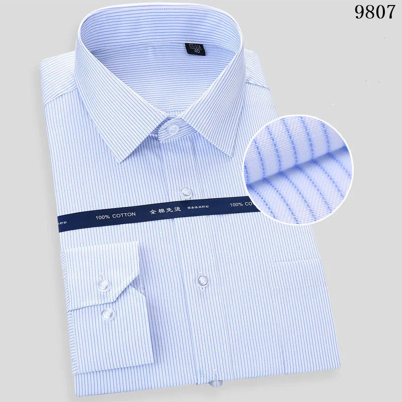 High Quality Free Ironing Men Dress Long Sleeve Shirt 100% Pure Cotton New Solid Male Regular Fit Business Shirt White Blue