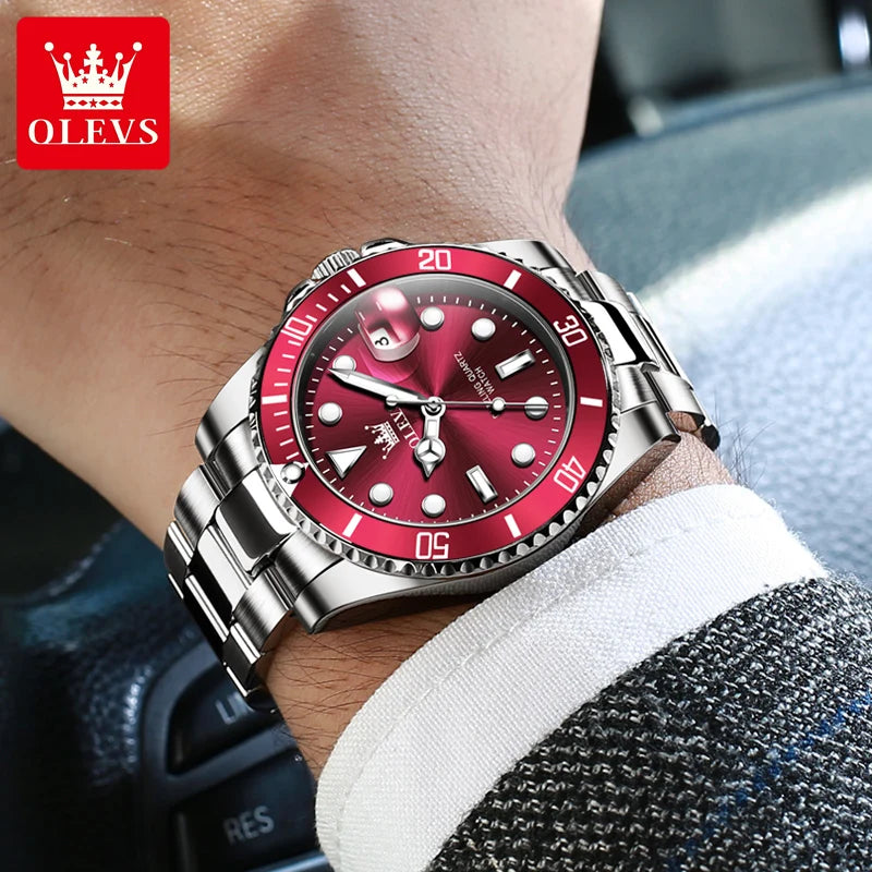 OLEVS 5885 Luxury Men Watch Diving Series Deep Waterproof Auto Date Stainless Steel NEW Red Dial Original Wristwatch