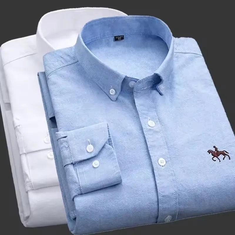100% Cotton Men's Oxford Shirt Long Sleeve Embroidery Horse Logo Casual Solid Business Regular-Fit Formal Social Blouse Plus 6XL